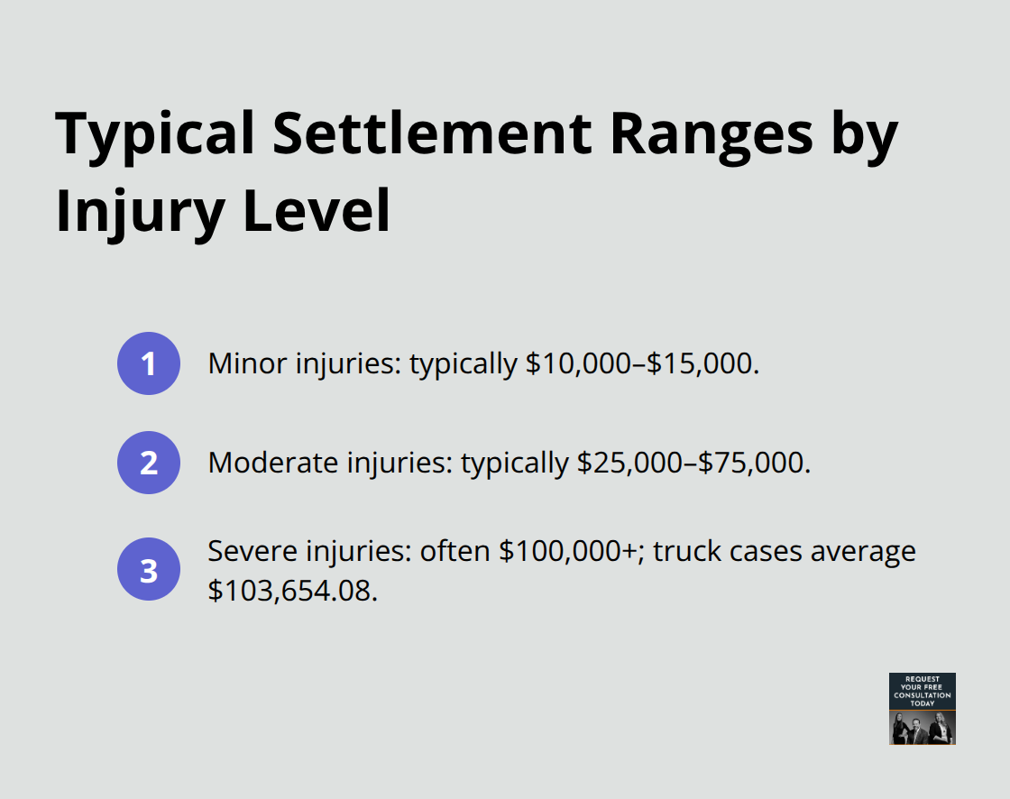 Compact list of settlement ranges for minor, moderate, and severe injuries - typical auto accident settlement amounts
