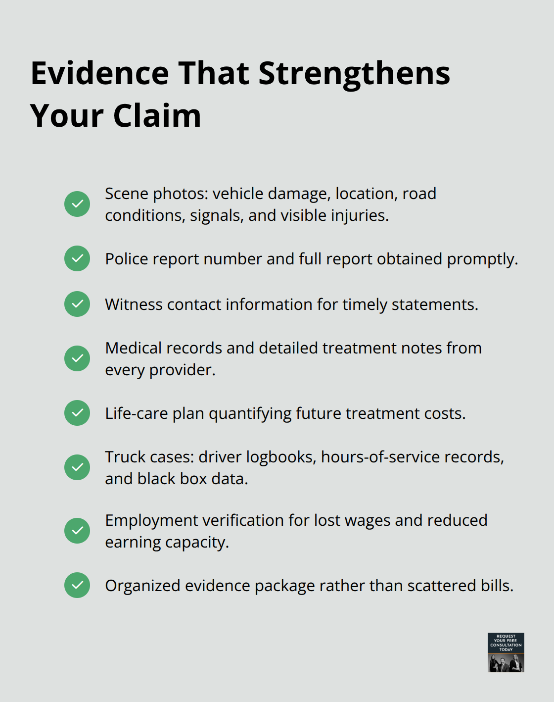 Checklist of documentation that increases settlement leverage for Santa Cruz County auto accidents