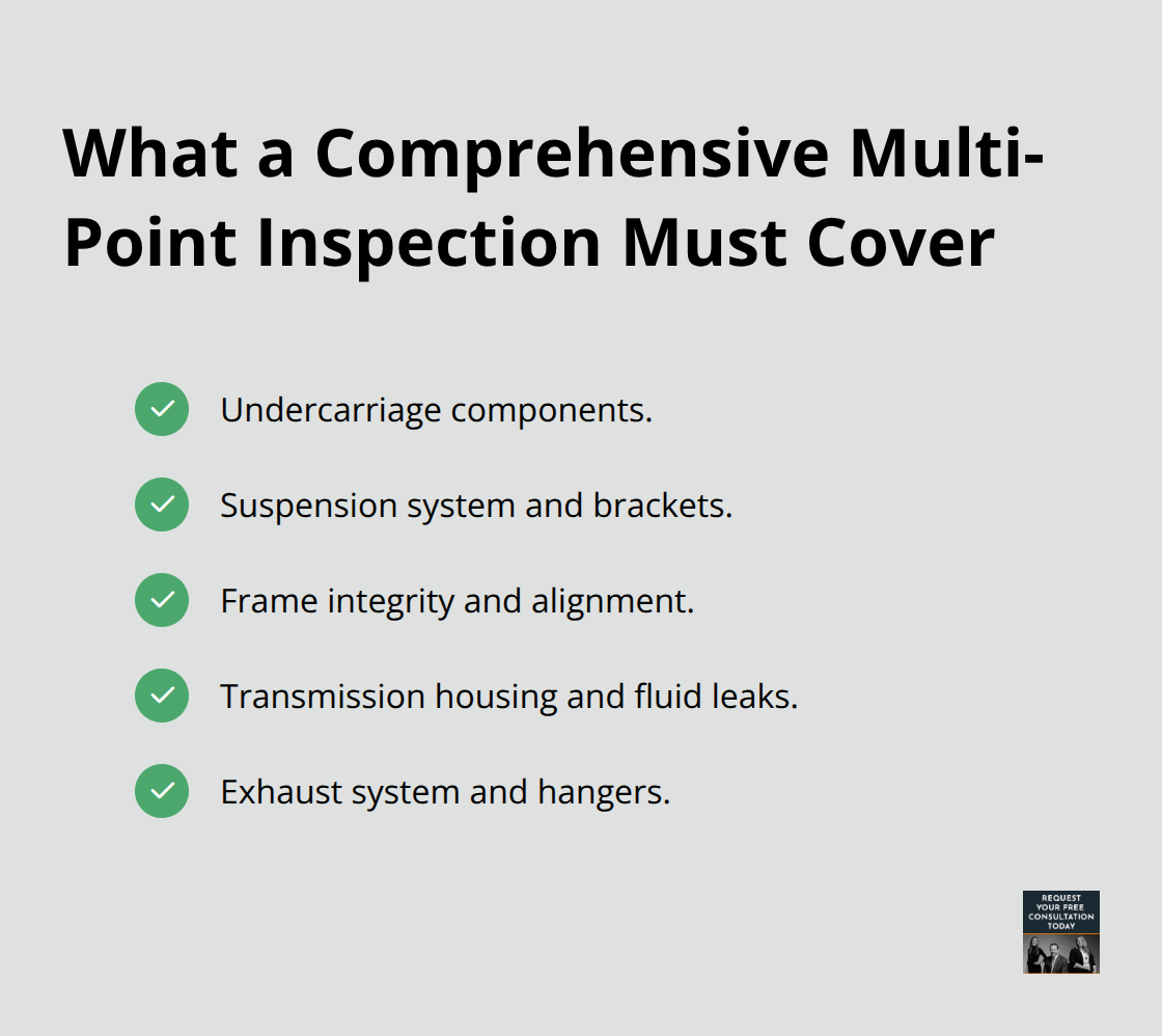 Checklist of undercarriage-related systems to include in a post-crash inspection. - Undercarriage damage vehicle