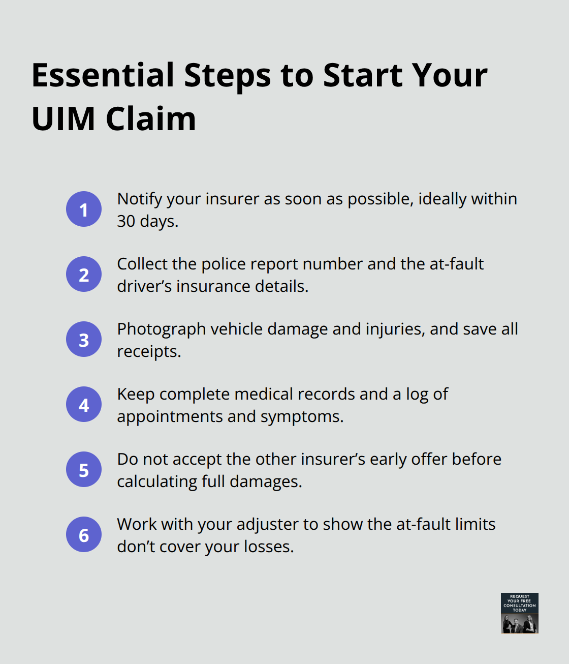 Compact checklist of immediate steps to report and document an underinsured motorist claim in California. - Underinsured motorist California