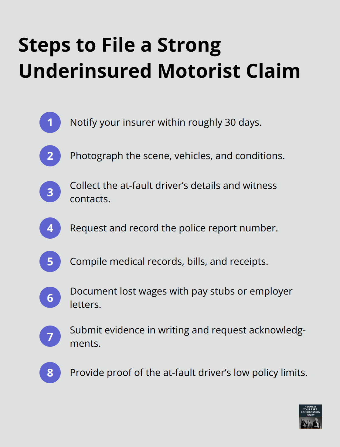 Compact checklist of key actions to file and support an underinsured motorist claim in California. - Underinsured motorist coverage California