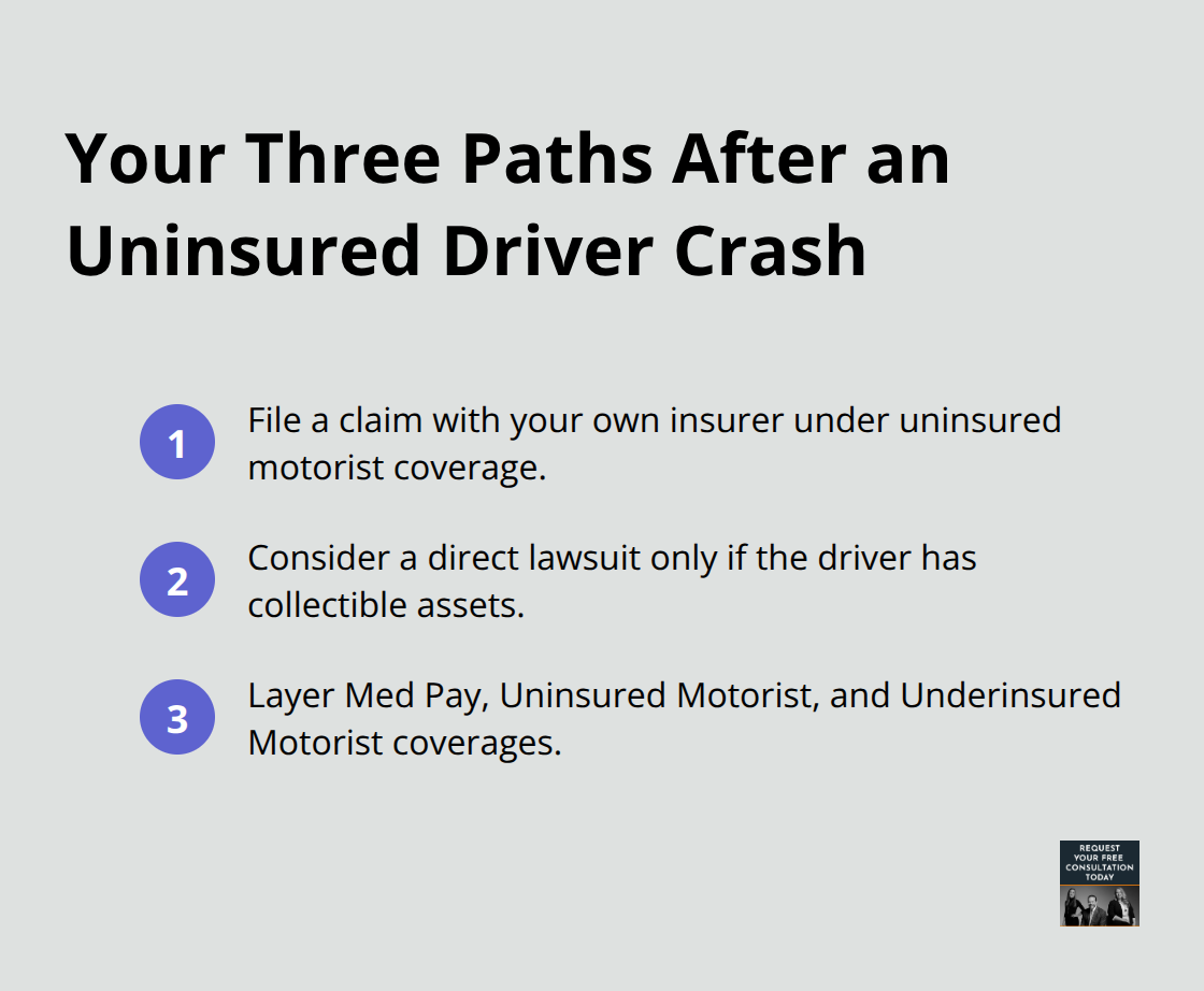 Compact list summarizing three options after an accident with an uninsured driver. - uninsured motorist claims