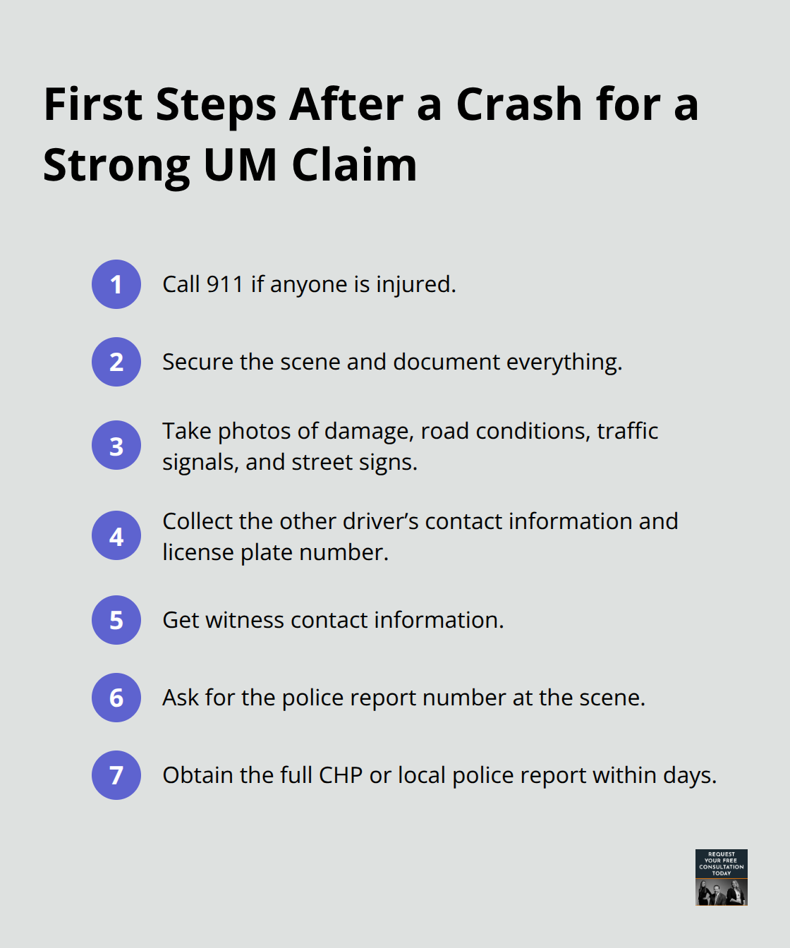 Immediate post-accident steps to support an uninsured motorist claim - Uninsured motorist claims