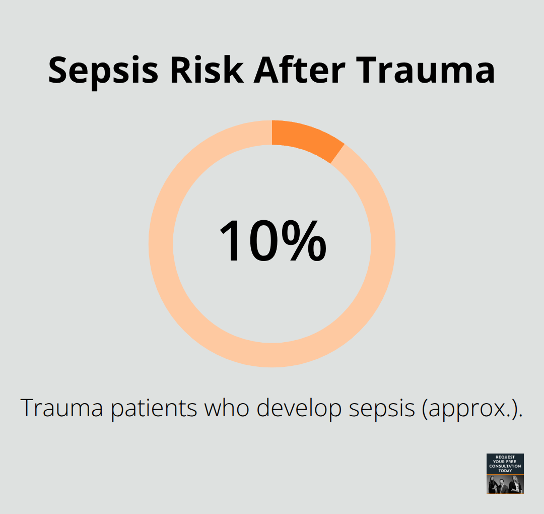 Approximately 10% of trauma patients develop sepsis, with elevated risk for immunocompromised individuals. - Vaccine injury accident