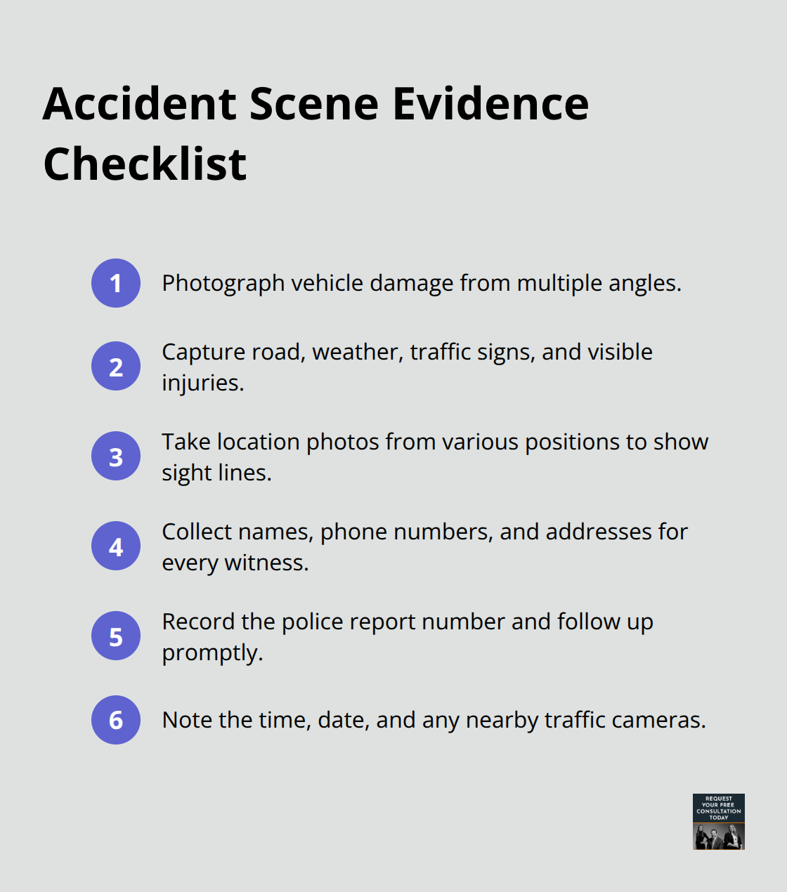 Compact checklist of steps to document a crash scene - Vehicle accident compensation