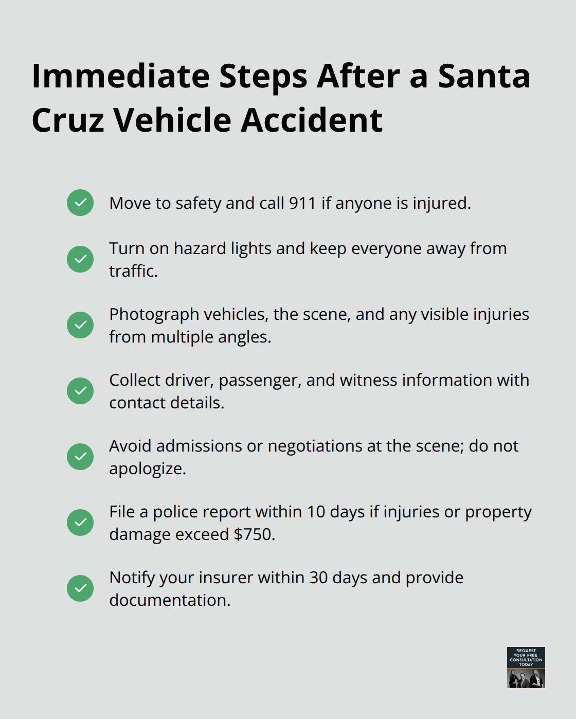 Quick checklist of what to do right after a vehicle accident in Santa Cruz, California - Vehicle accident legal process