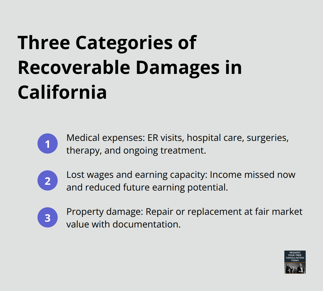 Compact list summarizing medical expenses, lost wages and earning capacity, and property damage in California accident claims.