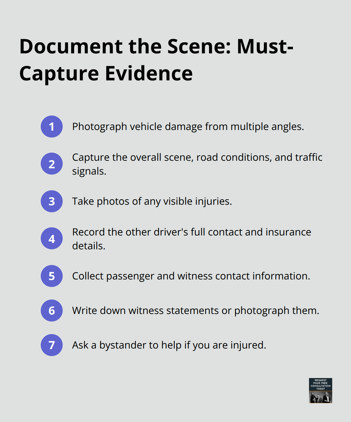 Compact checklist of must-capture evidence at a California vehicle accident scene