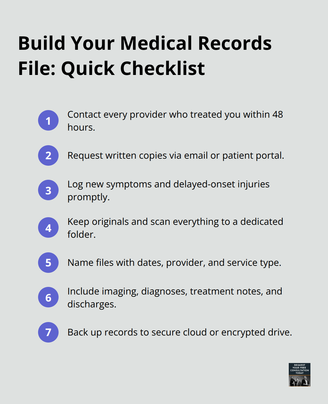 Compact checklist to organize post-accident medical records and costs