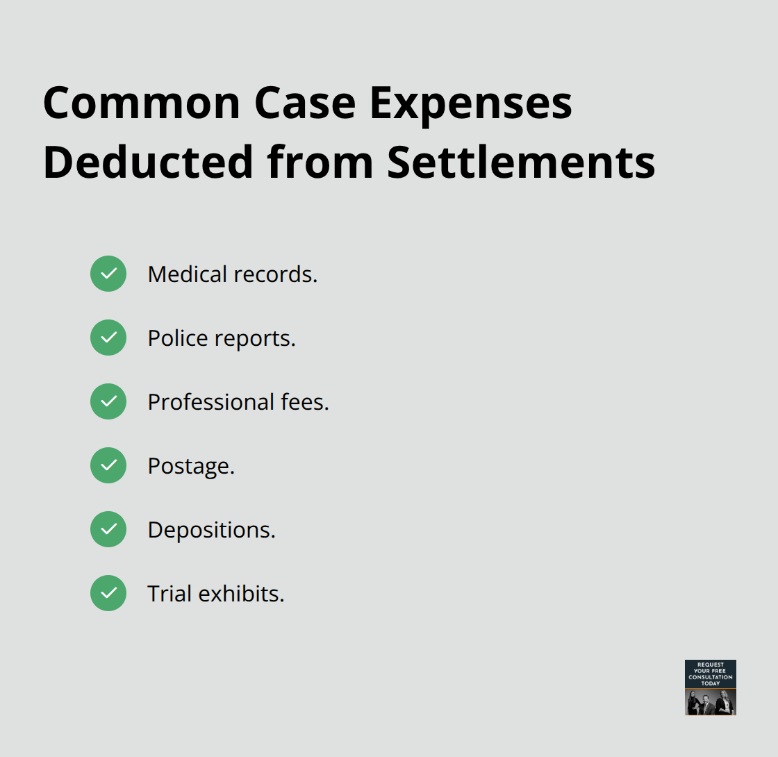Checklist of typical case costs deducted from a vehicle crash settlement - Vehicle crash compensation
