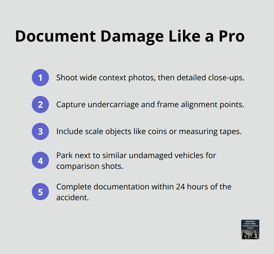 Compact checklist of steps to photograph and document vehicle damage effectively. - vehicle damage lawyer