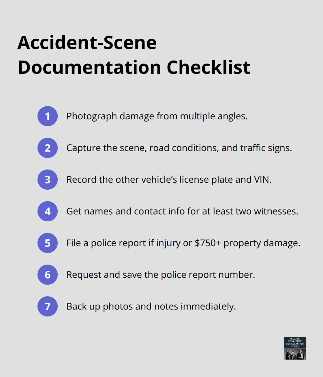 Compact list of key steps to document a crash scene for a stronger insurance claim. - Vehicle damage repairs