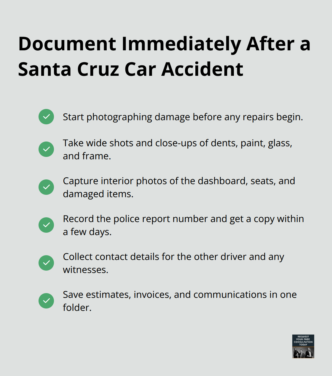 Checklist of photos and records to gather after a car accident in Santa Cruz County