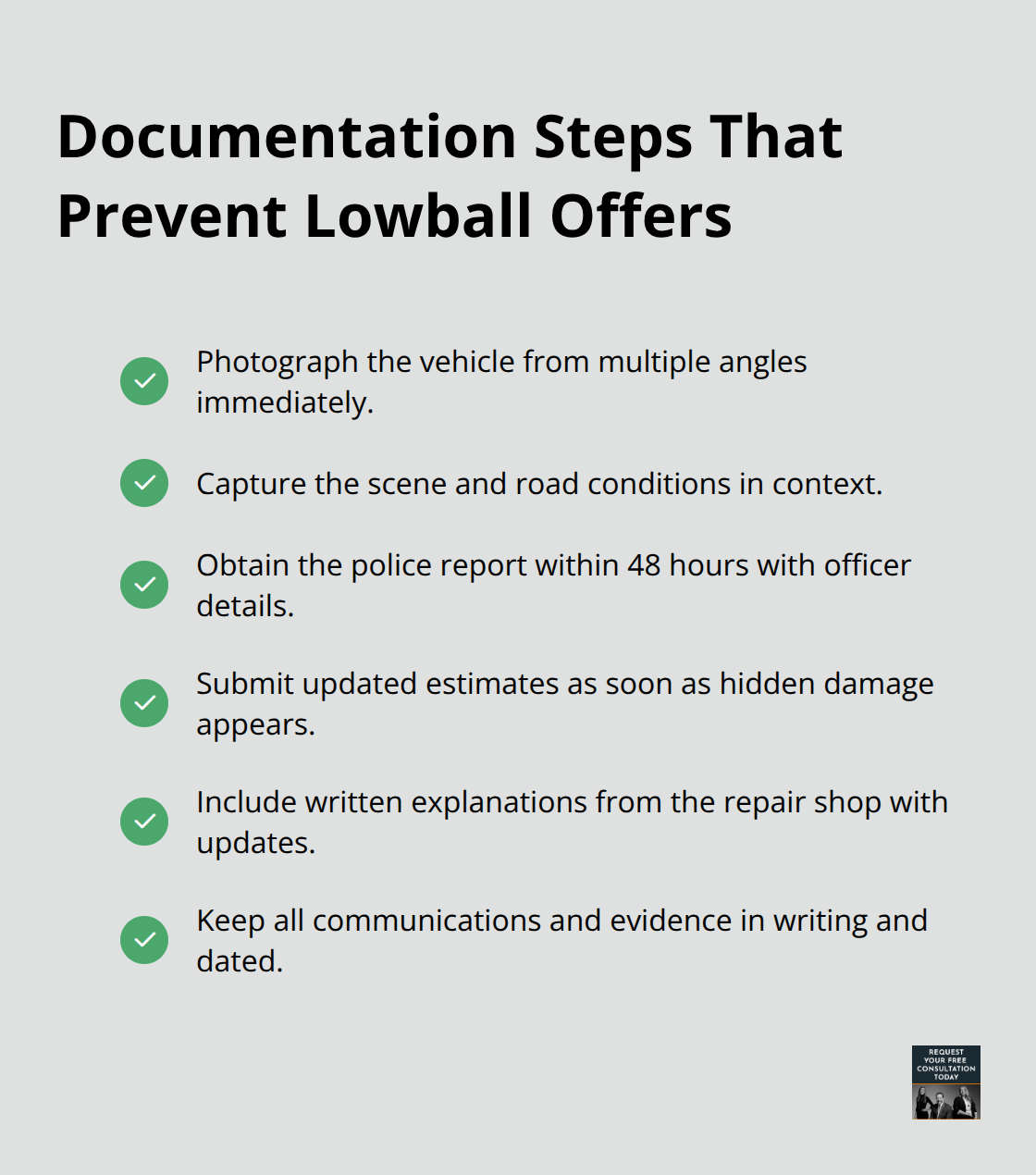 Checklist of documentation to strengthen an auto damage claim and avoid lowball settlements.