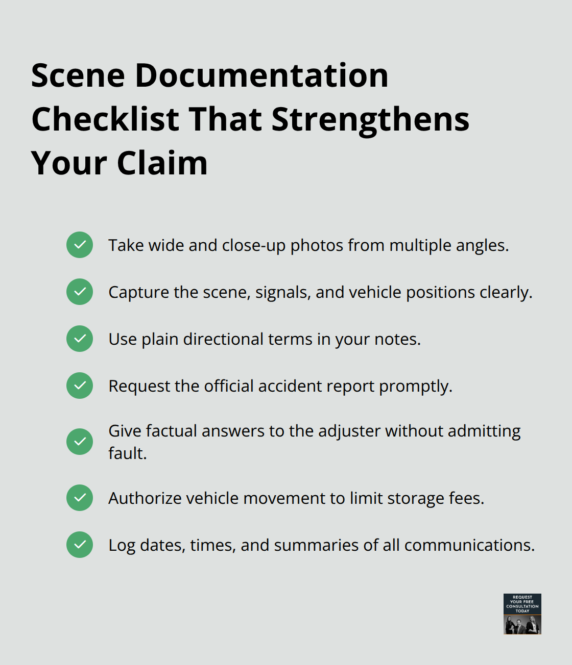 Checklist of steps to document vehicle damage and the accident scene for a stronger insurance claim. - Vehicle damage valuation