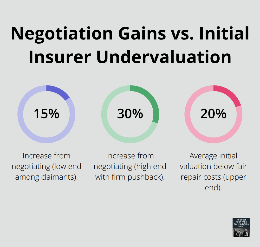 Chart comparing percentage gains from negotiating claims with the average initial insurer undervaluation. - Vehicle damage valuation