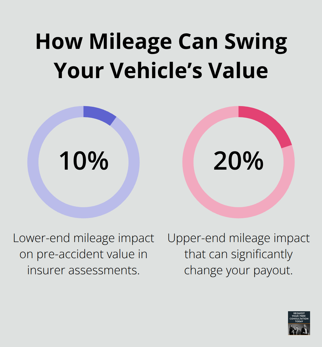 Chart showing 10% to 20% mileage-based swings in pre-accident vehicle value used in settlements - Vehicle damage valuation Santa Cruz