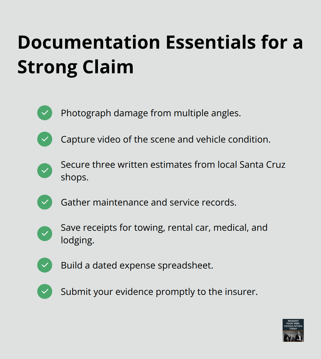 Checklist of key evidence to compile after a collision in Santa Cruz County - Vehicle damage valuation Santa Cruz