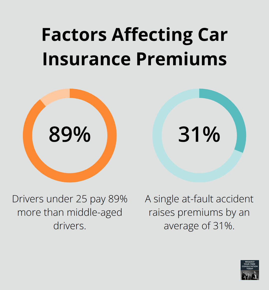 Chart showing two factors affecting car insurance premiums: Drivers under 25 pay 89% more, and a single at-fault accident raises premiums by 31%. - what is bodily injury on car insurance
