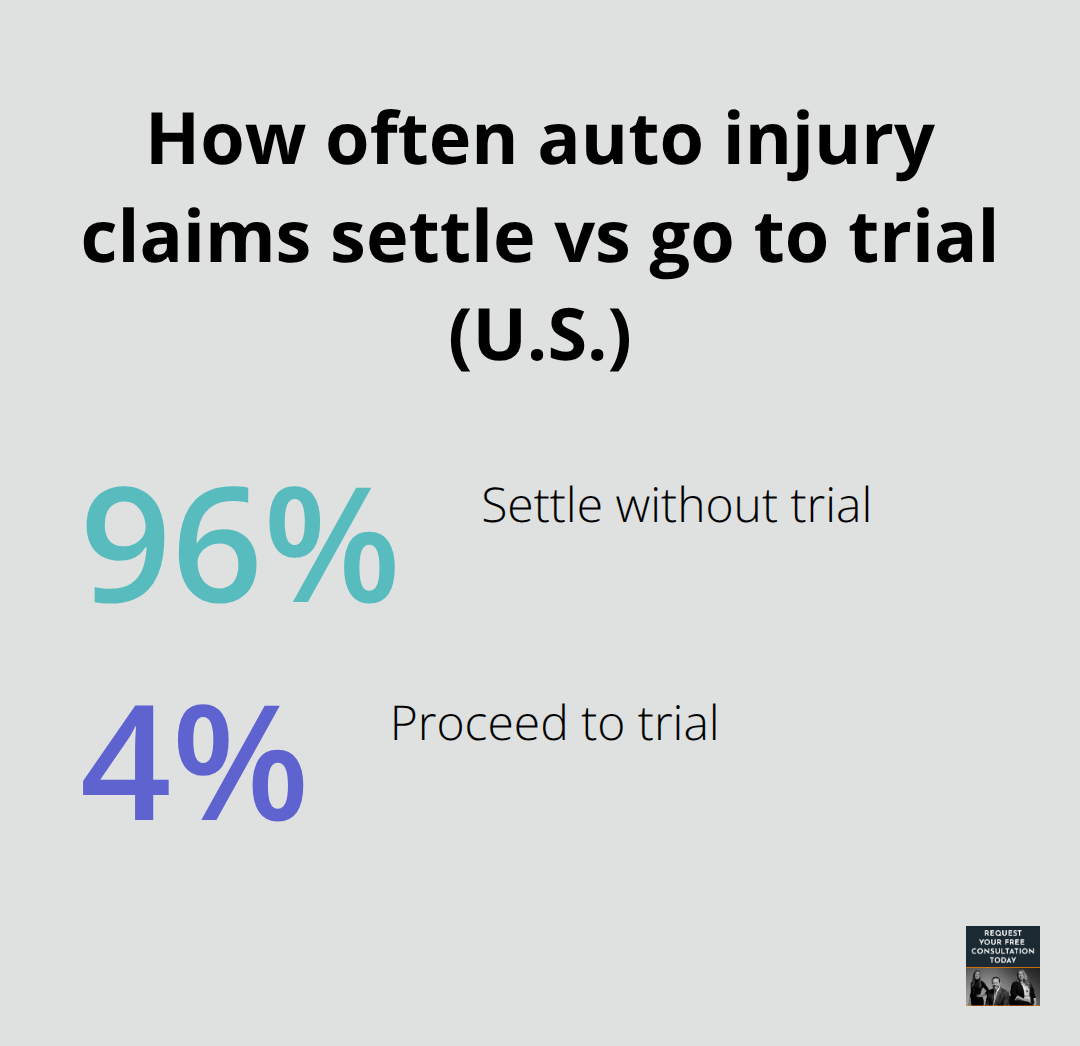 Share of car accident bodily injury claims that settle versus go to trial nationwide