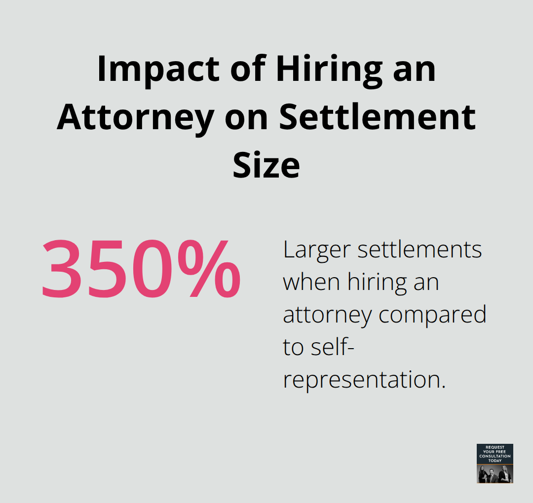 A percentage chart showing that hiring an attorney results in settlements 3.5 times larger (350% increase) compared to handling claims without legal representation.