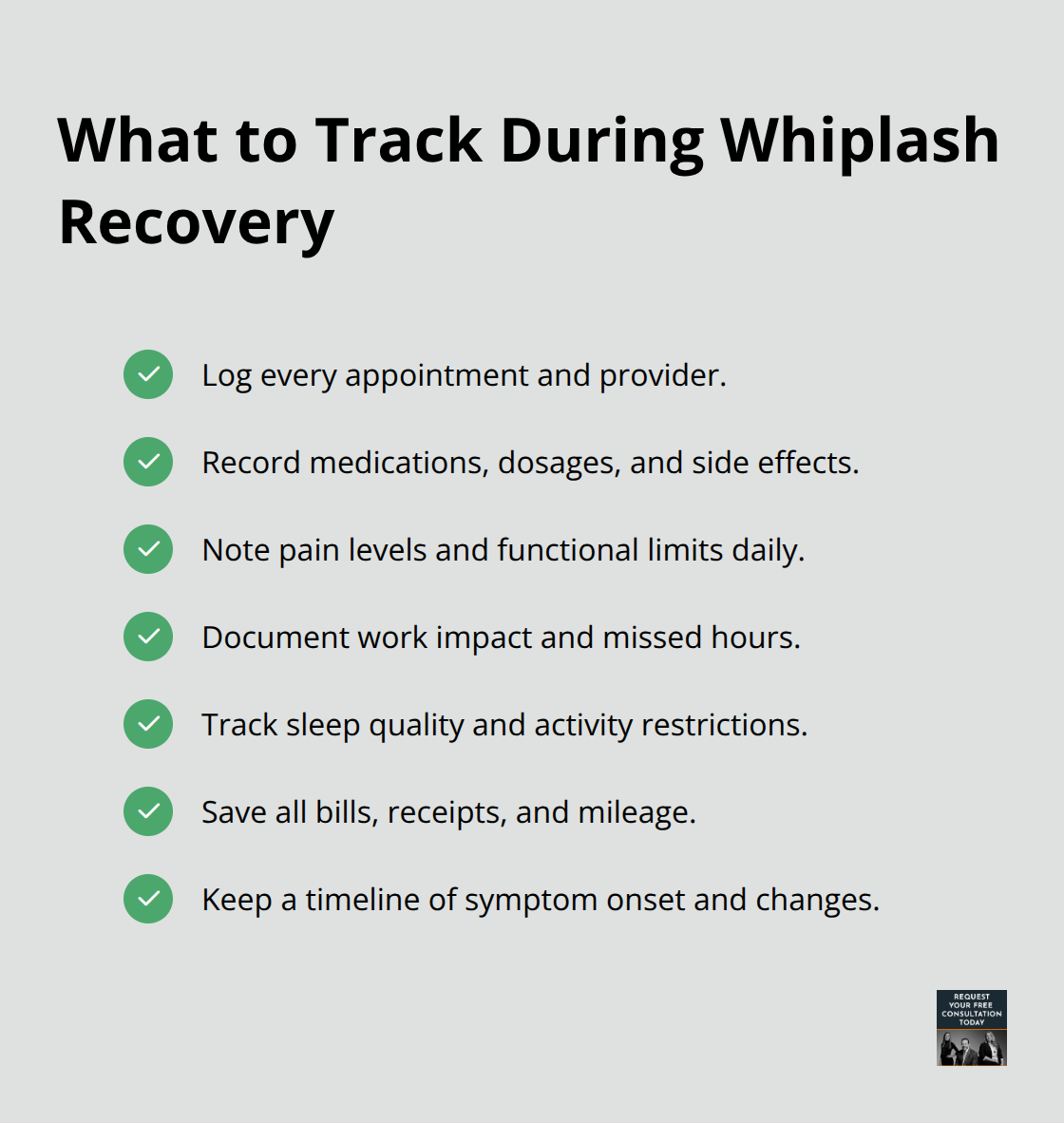 Checklist of documentation items that strengthen a whiplash claim