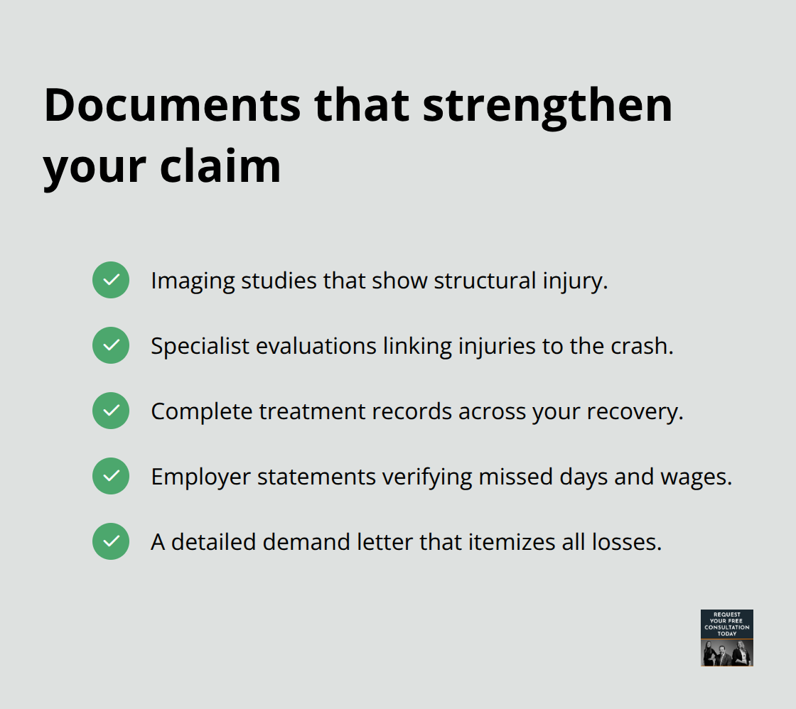 Checklist of medical and wage documents that increase California whiplash settlement value - Whiplash settlement California