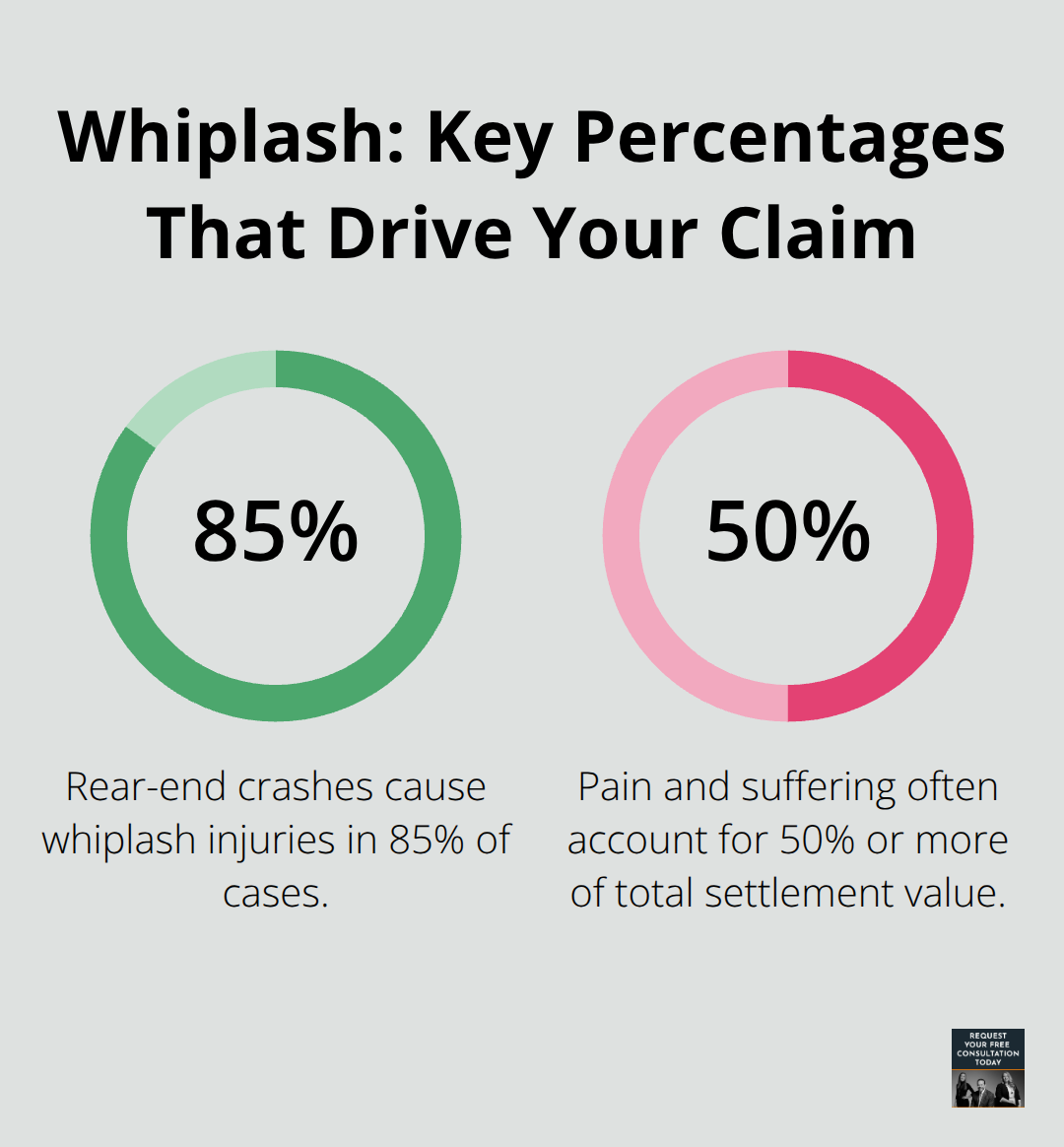 Infographic showing key whiplash percentages from U.S. crash data and settlements - Whiplash settlement Santa Cruz
