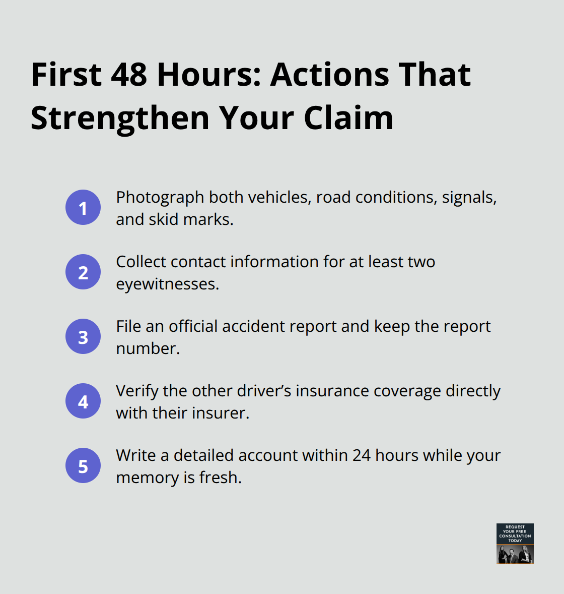 Compact checklist of immediate steps to protect a whiplash claim after a rear-end crash - Whiplash settlement Santa Cruz