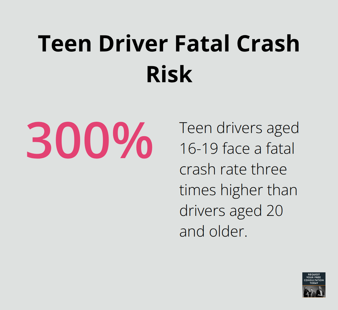 Chart showing teen drivers aged 16-19 have a 300% higher fatal crash rate compared to drivers 20 and older